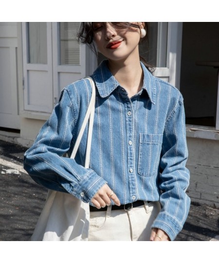 Striped denim shirt Women's spring and autumn new vintage fashion casual long-sleeved shirt top $63.14 - Tops & Tees