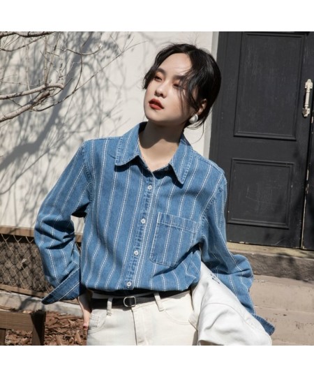 Striped denim shirt Women's spring and autumn new vintage fashion casual long-sleeved shirt top $63.14 - Tops & Tees