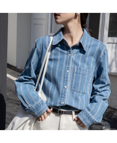 Striped denim shirt Women's spring and autumn new vintage fashion casual long-sleeved shirt top $63.14 - Tops & Tees