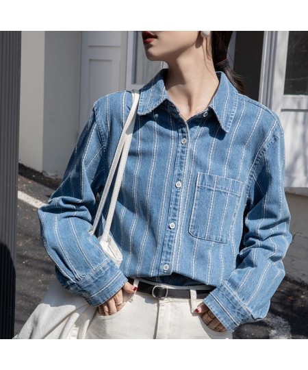 Striped denim shirt Women's spring and autumn new vintage fashion casual long-sleeved shirt top $63.14 - Tops & Tees