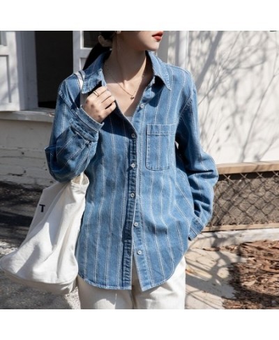 Striped denim shirt Women's spring and autumn new vintage fashion casual long-sleeved shirt top $63.14 - Tops & Tees