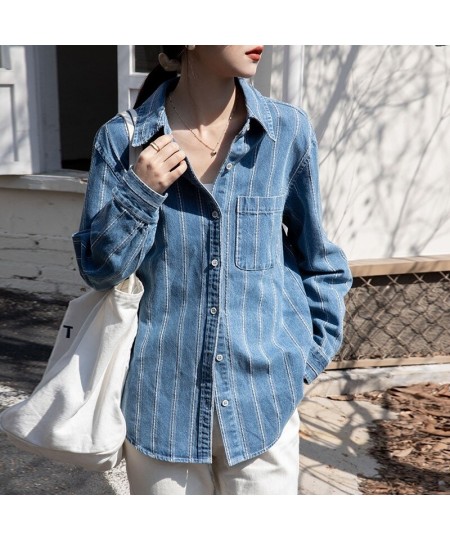 Striped denim shirt Women's spring and autumn new vintage fashion casual long-sleeved shirt top $63.14 - Tops & Tees