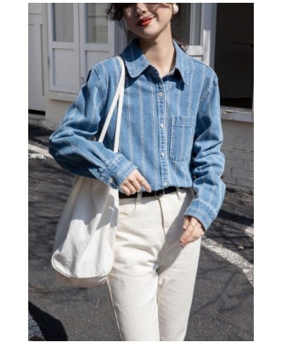 Striped denim shirt Women's spring and autumn new vintage fashion casual long-sleeved shirt top $63.14 - Tops & Tees