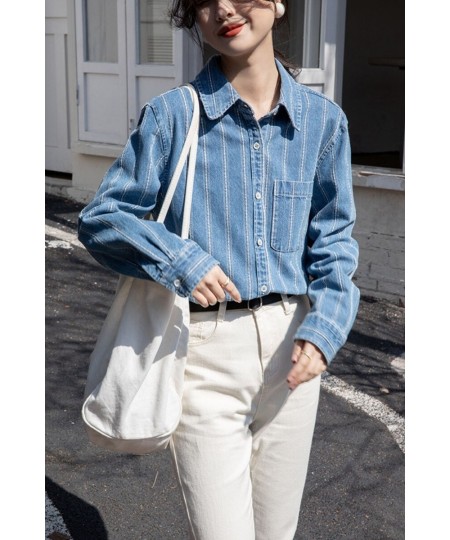 Striped denim shirt Women's spring and autumn new vintage fashion casual long-sleeved shirt top $63.14 - Tops & Tees