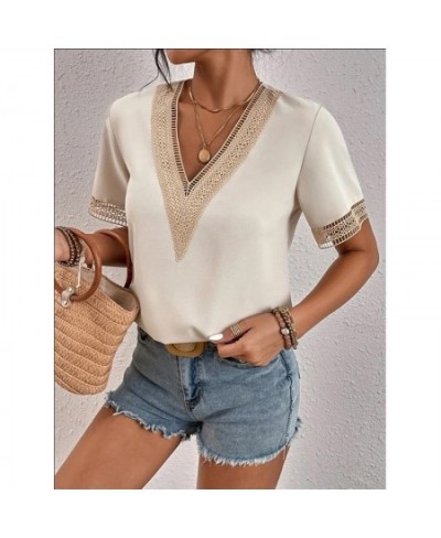 Summer New Fashion Lace Patchwork Loose Casual T-shirt Top Women Elegant Simple Short Sleeve Pullover Tee Female V-neck Shirt...