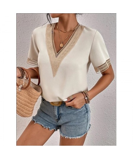 Summer New Fashion Lace Patchwork Loose Casual T-shirt Top Women Elegant Simple Short Sleeve Pullover Tee Female V-neck Shirt...