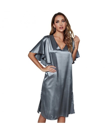 Solid Blue Sleepwear Loose Casual Sexy Home Wear Night Dress Silk Summer Nightwear Ruffle Sleeve Women's Pajamas Underwear $2...