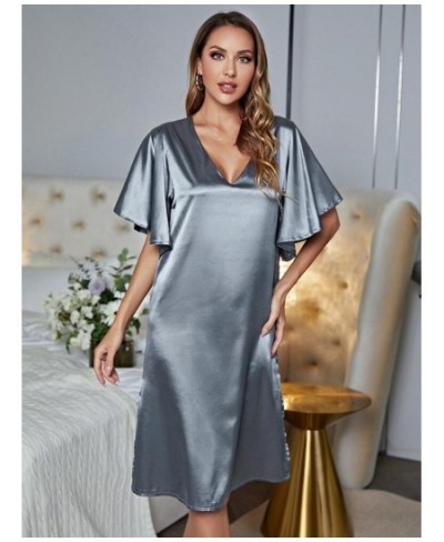 Solid Blue Sleepwear Loose Casual Sexy Home Wear Night Dress Silk Summer Nightwear Ruffle Sleeve Women's Pajamas Underwear $2...