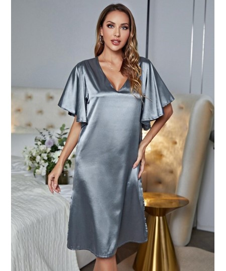 Solid Blue Sleepwear Loose Casual Sexy Home Wear Night Dress Silk Summer Nightwear Ruffle Sleeve Women's Pajamas Underwear $2...