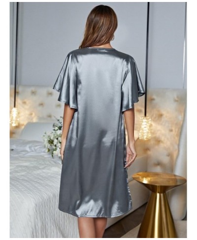 Solid Blue Sleepwear Loose Casual Sexy Home Wear Night Dress Silk Summer Nightwear Ruffle Sleeve Women's Pajamas Underwear $2...