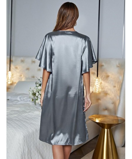 Solid Blue Sleepwear Loose Casual Sexy Home Wear Night Dress Silk Summer Nightwear Ruffle Sleeve Women's Pajamas Underwear $2...