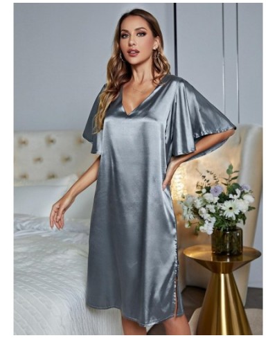 Solid Blue Sleepwear Loose Casual Sexy Home Wear Night Dress Silk Summer Nightwear Ruffle Sleeve Women's Pajamas Underwear $2...