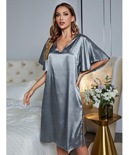 Solid Blue Sleepwear Loose Casual Sexy Home Wear Night Dress Silk Summer Nightwear Ruffle Sleeve Women's Pajamas Underwear $2...