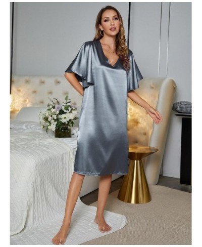 Solid Blue Sleepwear Loose Casual Sexy Home Wear Night Dress Silk Summer Nightwear Ruffle Sleeve Women's Pajamas Underwear $2...