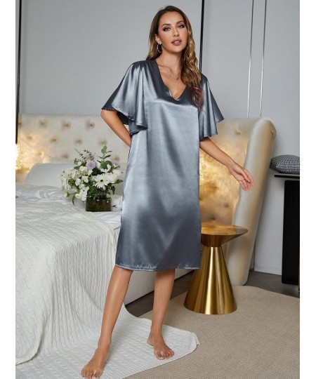 Solid Blue Sleepwear Loose Casual Sexy Home Wear Night Dress Silk Summer Nightwear Ruffle Sleeve Women's Pajamas Underwear $2...