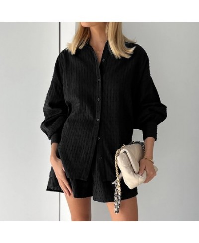 2023 Summer Two Piece Sets Loose Casual Jacquard Long Sleeve Shirt Shorts Set Fashion Polo Nrck Slim Womens Two Peice Sets $4...