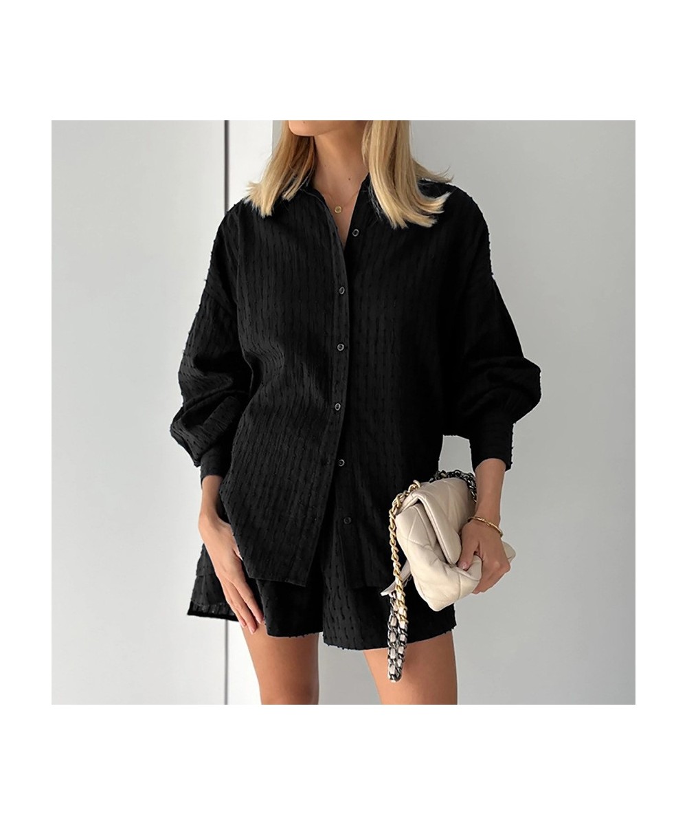 2023 Summer Two Piece Sets Loose Casual Jacquard Long Sleeve Shirt Shorts Set Fashion Polo Nrck Slim Womens Two Peice Sets $4...