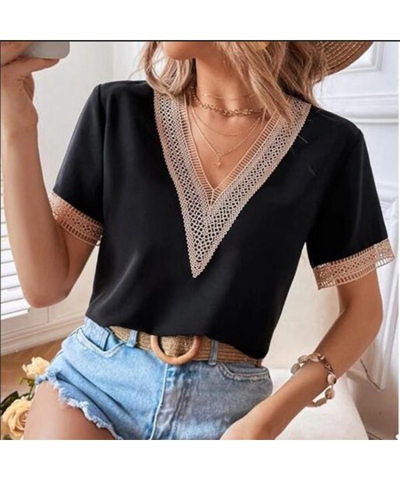 Summer New Fashion Lace Patchwork Loose Casual T-shirt Top Women Elegant Simple Short Sleeve Pullover Tee Female V-neck Shirt...