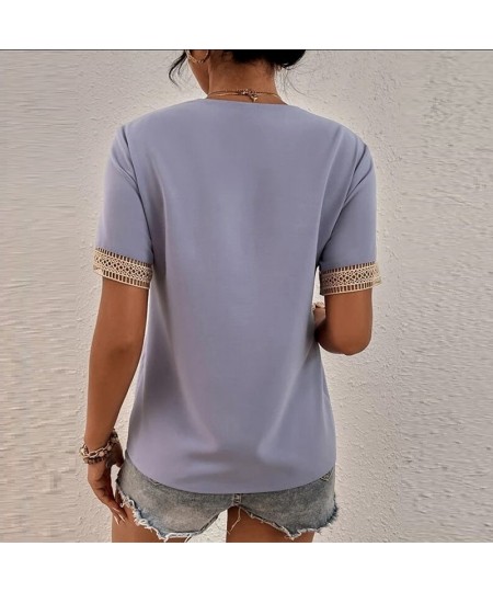 Summer New Fashion Lace Patchwork Loose Casual T-shirt Top Women Elegant Simple Short Sleeve Pullover Tee Female V-neck Shirt...