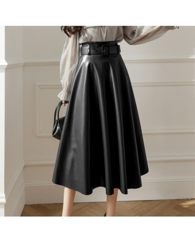 Belted Faxu Leather Skirts Women Autumn Winter 2022 New High Waist PU Skirts Female Black Green A-Line Fashion Saias $44.25 -...