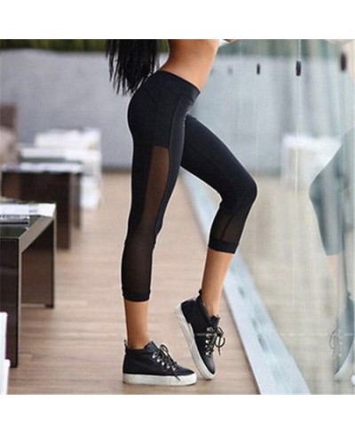 Solid Black Cropped Trousers Women Mesh Transparent Leggings Women Sports Running Gym Cropped Trousers Female Fitness Legging...