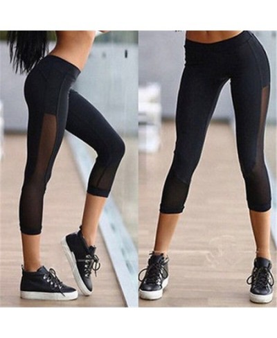 Solid Black Cropped Trousers Women Mesh Transparent Leggings Women Sports Running Gym Cropped Trousers Female Fitness Legging...