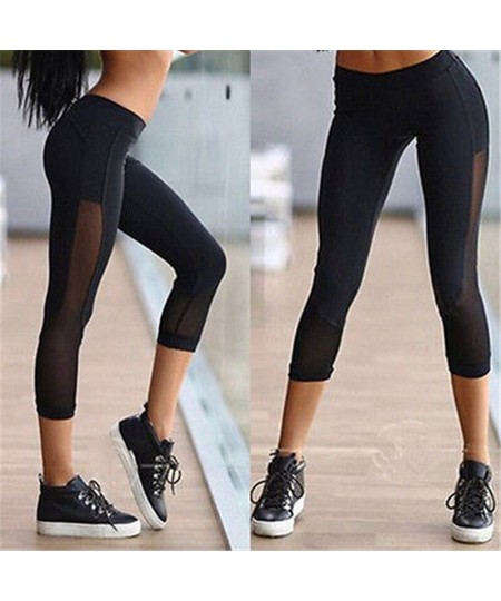 Solid Black Cropped Trousers Women Mesh Transparent Leggings Women Sports Running Gym Cropped Trousers Female Fitness Legging...