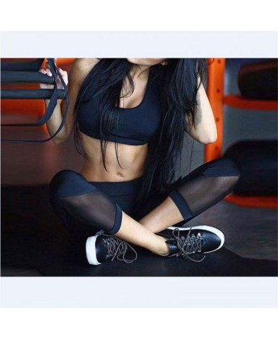 Solid Black Cropped Trousers Women Mesh Transparent Leggings Women Sports Running Gym Cropped Trousers Female Fitness Legging...