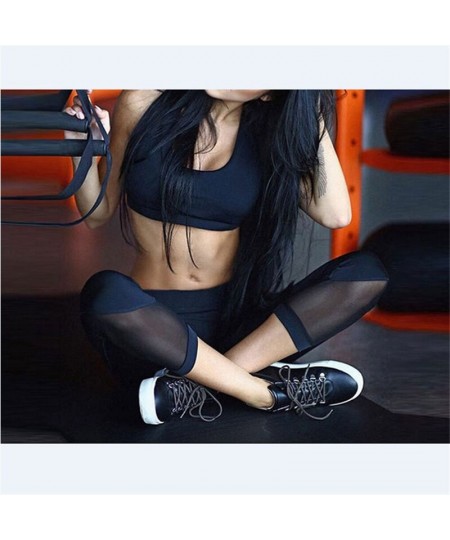 Solid Black Cropped Trousers Women Mesh Transparent Leggings Women Sports Running Gym Cropped Trousers Female Fitness Legging...