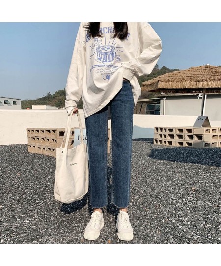 Straight Leg Jeans Women's 2022 Autumn New High Waist Elastic Retro Deep Blue Denim Pants Boyfriend Streetwear Slouchy Jeans ...