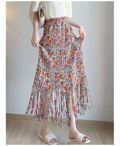 Fashion Tassel Pleated Long Skirt for Women 2023 Spring Summer Casual Aesthetic Floral Print High Waist Midi Skirt Female $39...