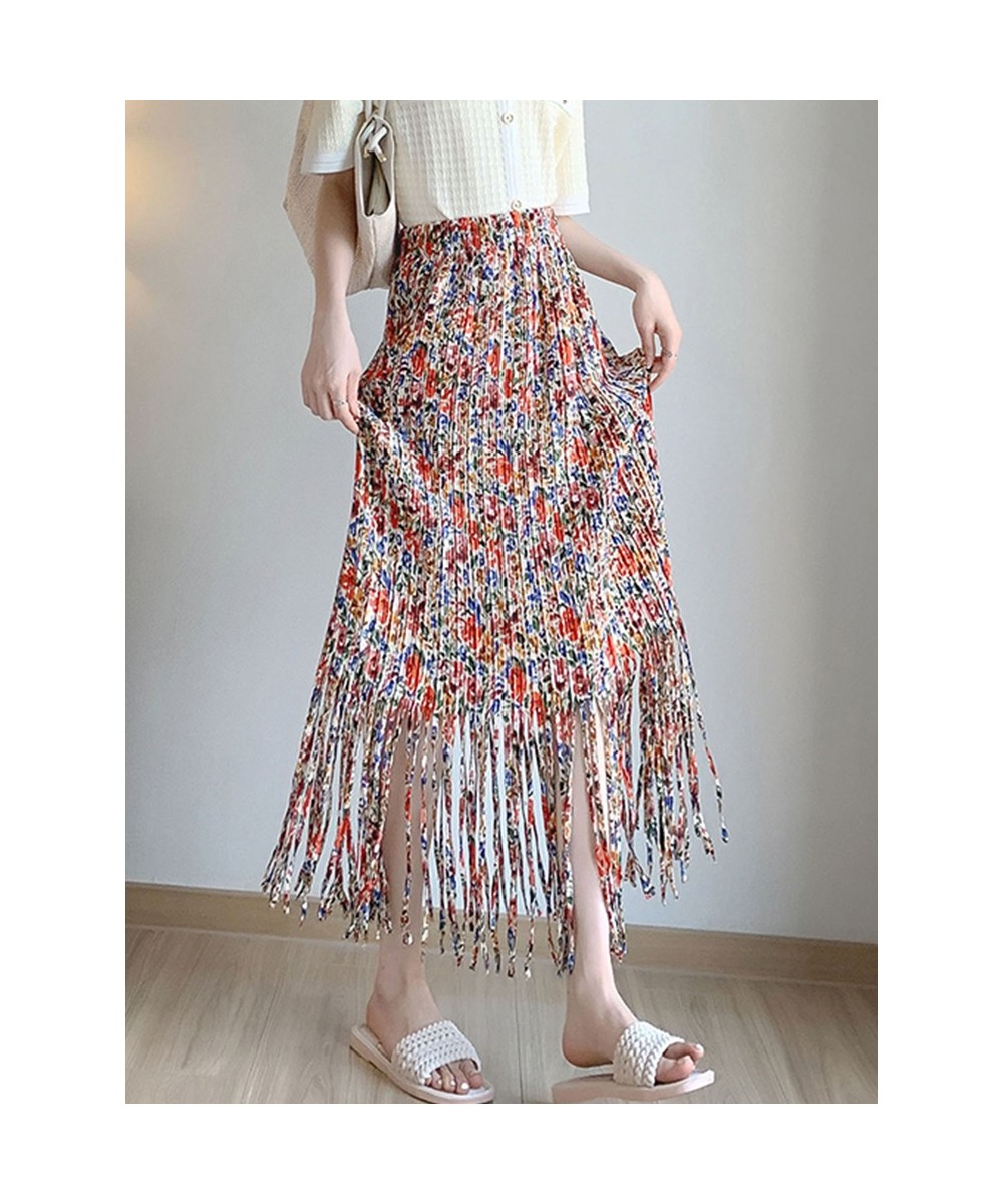 Fashion Tassel Pleated Long Skirt for Women 2023 Spring Summer Casual Aesthetic Floral Print High Waist Midi Skirt Female $39...