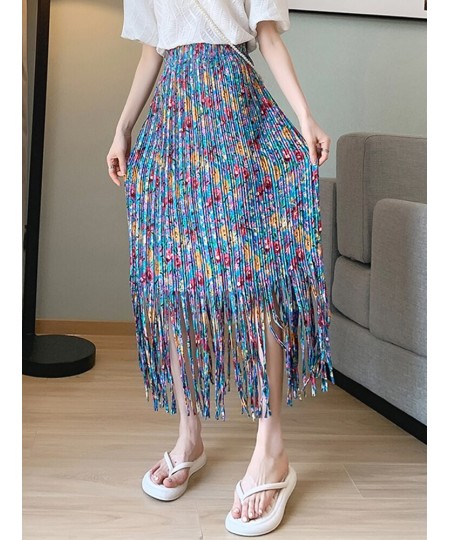 Fashion Tassel Pleated Long Skirt for Women 2023 Spring Summer Casual Aesthetic Floral Print High Waist Midi Skirt Female $39...