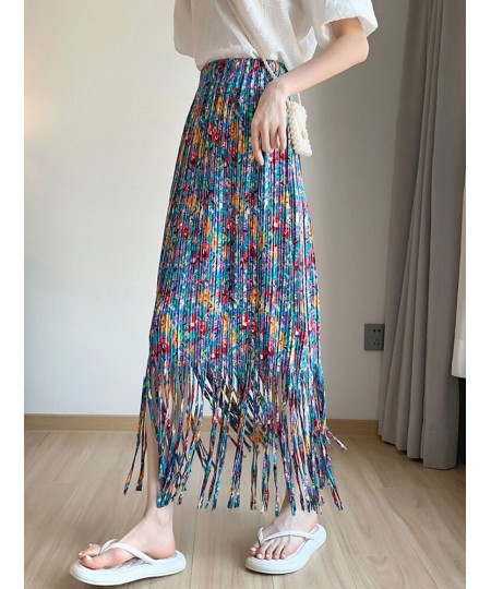 Fashion Tassel Pleated Long Skirt for Women 2023 Spring Summer Casual Aesthetic Floral Print High Waist Midi Skirt Female $39...