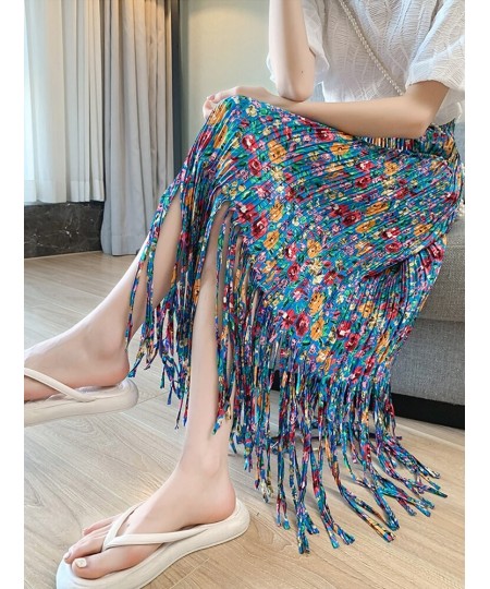 Fashion Tassel Pleated Long Skirt for Women 2023 Spring Summer Casual Aesthetic Floral Print High Waist Midi Skirt Female $39...