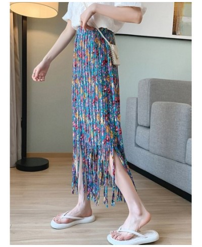 Fashion Tassel Pleated Long Skirt for Women 2023 Spring Summer Casual Aesthetic Floral Print High Waist Midi Skirt Female $39...