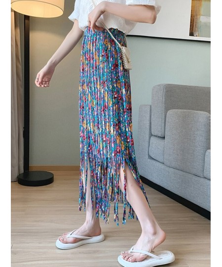 Fashion Tassel Pleated Long Skirt for Women 2023 Spring Summer Casual Aesthetic Floral Print High Waist Midi Skirt Female $39...