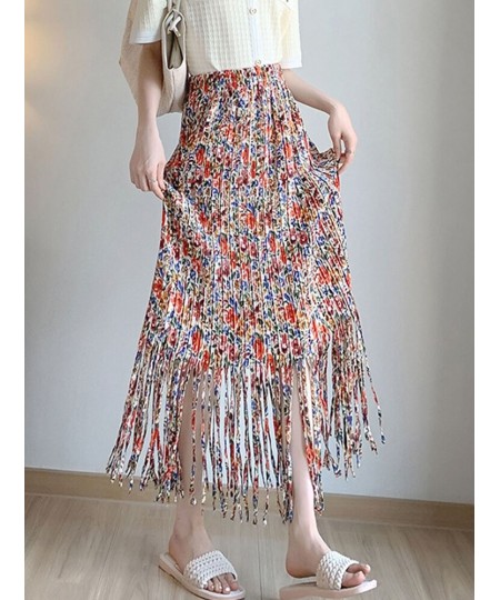 Fashion Tassel Pleated Long Skirt for Women 2023 Spring Summer Casual Aesthetic Floral Print High Waist Midi Skirt Female $39...