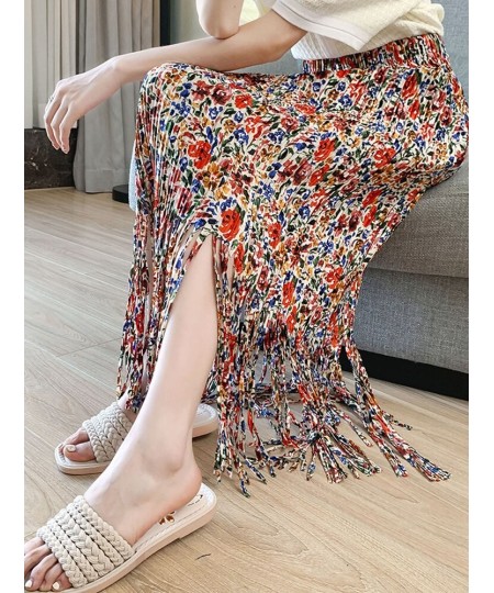 Fashion Tassel Pleated Long Skirt for Women 2023 Spring Summer Casual Aesthetic Floral Print High Waist Midi Skirt Female $39...