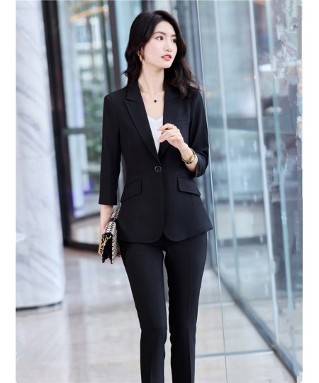 Women's Office Suit Fashion Blazer Pantsuit Simple Solid Color 2022 Spring Summer Half Sleeve Top + Trousers 2 Piece Set Blaz...