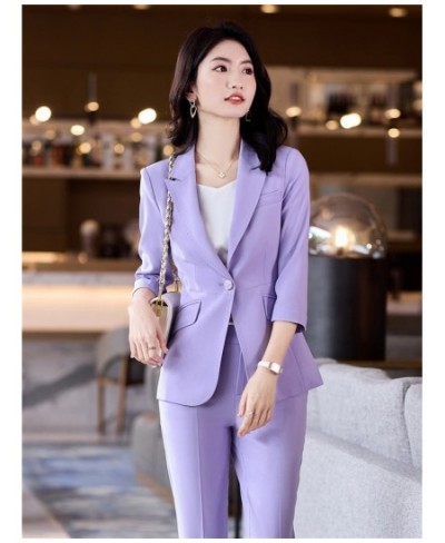 Women's Office Suit Fashion Blazer Pantsuit Simple Solid Color 2022 Spring Summer Half Sleeve Top + Trousers 2 Piece Set Blaz...