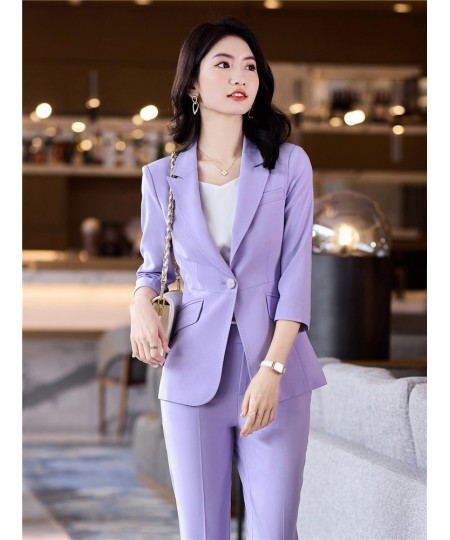 Women's Office Suit Fashion Blazer Pantsuit Simple Solid Color 2022 Spring Summer Half Sleeve Top + Trousers 2 Piece Set Blaz...