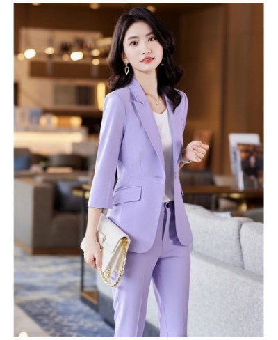 Women's Office Suit Fashion Blazer Pantsuit Simple Solid Color 2022 Spring Summer Half Sleeve Top + Trousers 2 Piece Set Blaz...