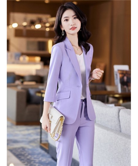 Women's Office Suit Fashion Blazer Pantsuit Simple Solid Color 2022 Spring Summer Half Sleeve Top + Trousers 2 Piece Set Blaz...