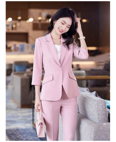 Women's Office Suit Fashion Blazer Pantsuit Simple Solid Color 2022 Spring Summer Half Sleeve Top + Trousers 2 Piece Set Blaz...