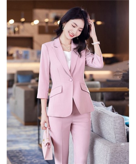 Women's Office Suit Fashion Blazer Pantsuit Simple Solid Color 2022 Spring Summer Half Sleeve Top + Trousers 2 Piece Set Blaz...