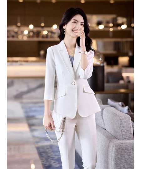 Women's Office Suit Fashion Blazer Pantsuit Simple Solid Color 2022 Spring Summer Half Sleeve Top + Trousers 2 Piece Set Blaz...