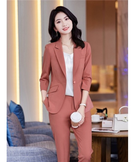 Women's Office Suit Fashion Blazer Pantsuit Simple Solid Color 2022 Spring Summer Half Sleeve Top + Trousers 2 Piece Set Blaz...