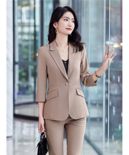 Women's Office Suit Fashion Blazer Pantsuit Simple Solid Color 2022 Spring Summer Half Sleeve Top + Trousers 2 Piece Set Blaz...