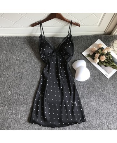 Summer Lace Sexy Dot Nightgown Women Thin Hollow Out Ice Silk Strap Chest Pad Nightdress $24.64 - Sleepwears